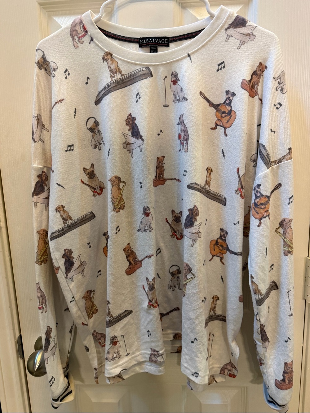 P.J. Salvage Women’s/unisex White Crewneck Loungewear with Musical Dog Print